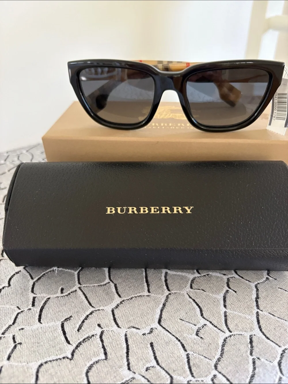 Burberry Black Cat-Eye Sunglasses with Check Temple Accent